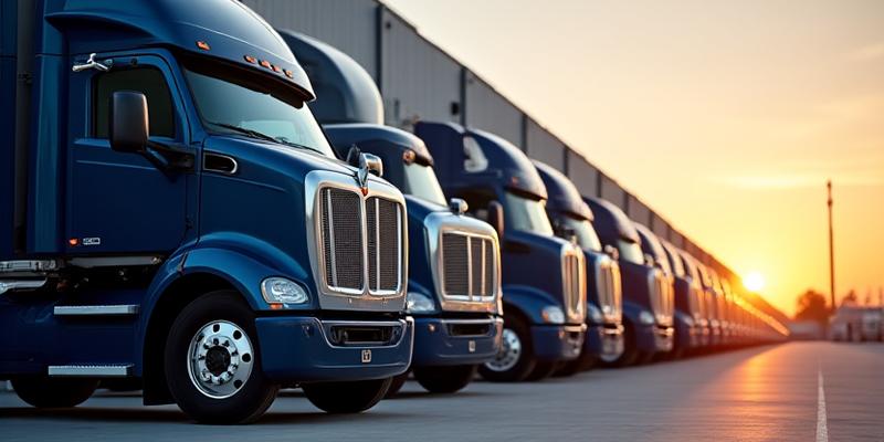 Fleet of modern long-haul semi-trucks on a highway at night